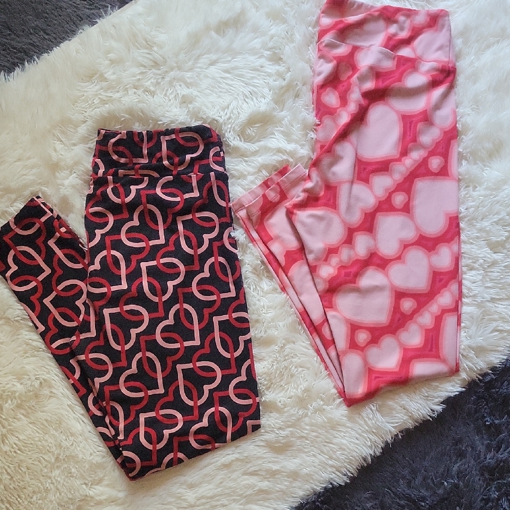 🦜LuLaRoe Women's Leggings - Black with Pink Loops and Pink with Heart Patterns